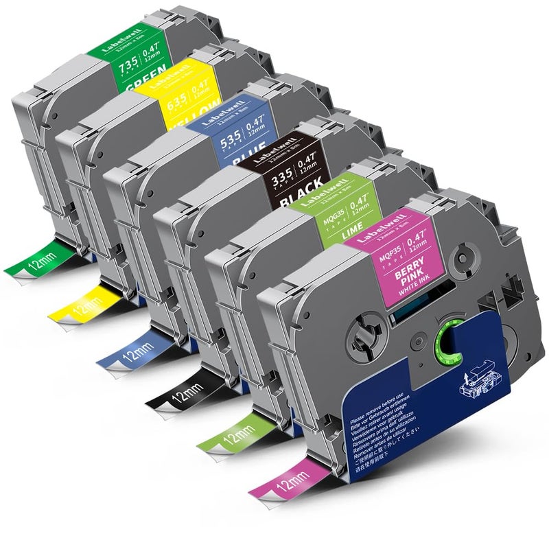Labelwell 6-Pack Compatible Tze Label Tape 12Mm 0.47 Laminated Multi-Color Tze-335 535 635 735 Mqp35 Mqg35 Tze-231 Tz Tape For Pt-H110 D210 D220 D400, Black/Blue/Yellow/Green/Pink/Lime Green - Image 1